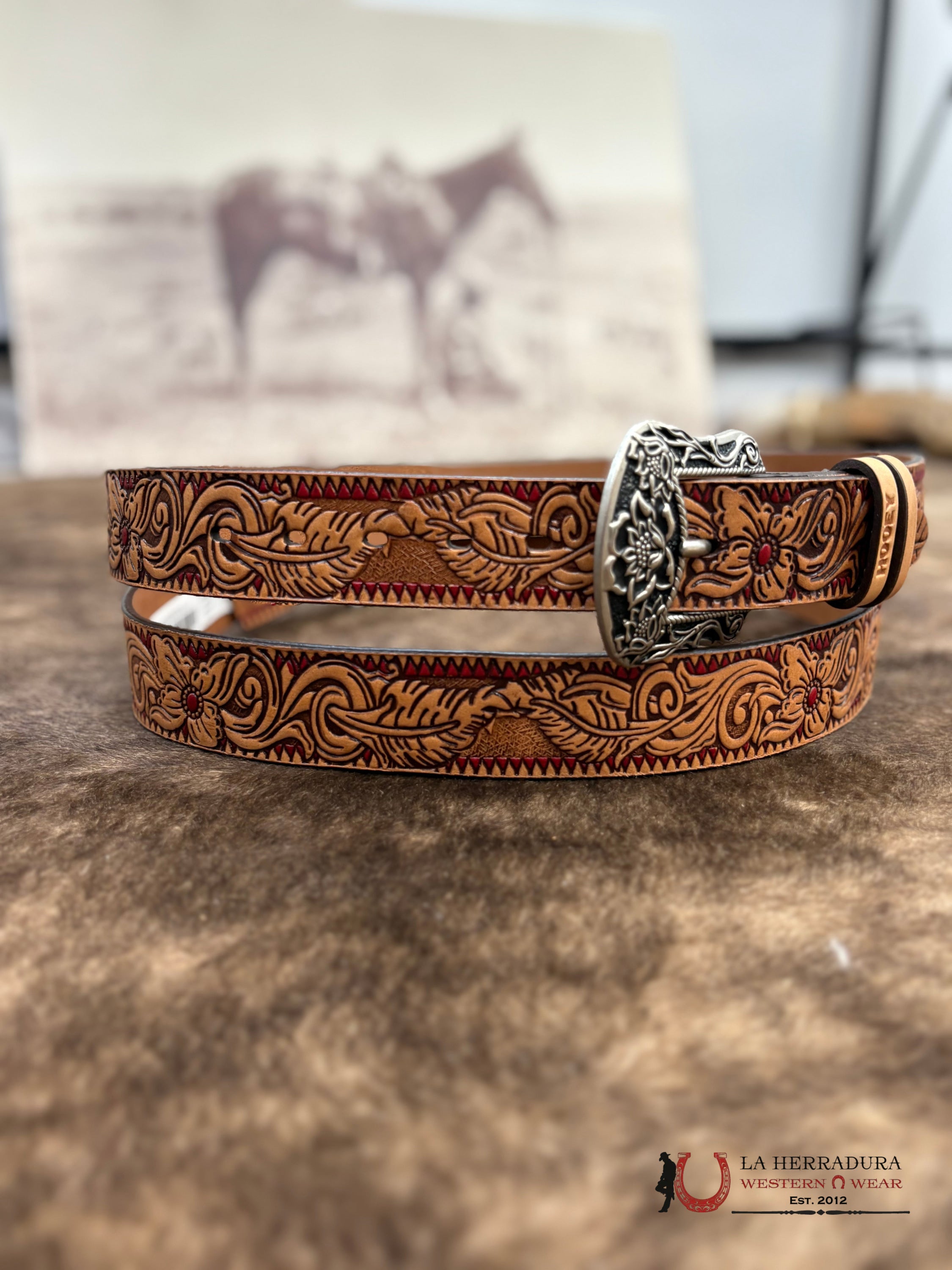 HOOEY WOMENS FLORA’ ORIGINAL HOOEY LADIES BELT NATURAL/BROWN/RED W/FLORAL CINTURONES MUJERES