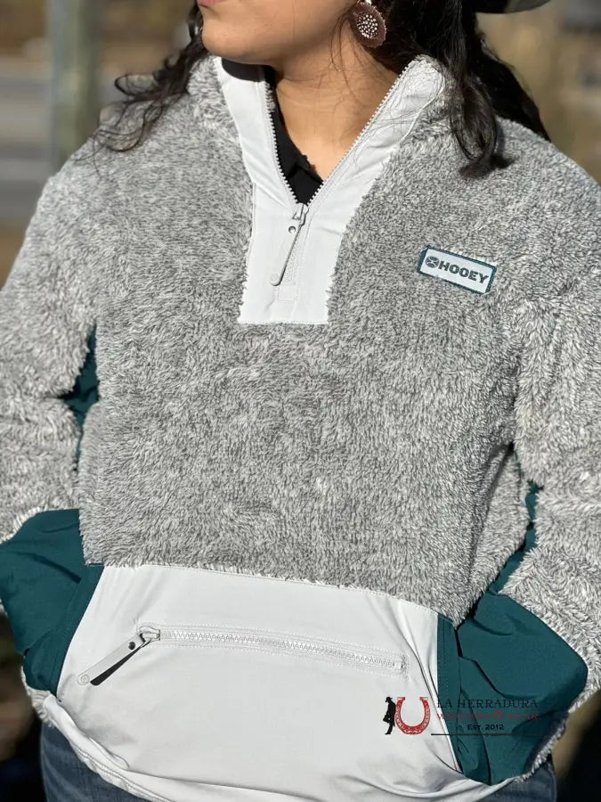 Hooey Womens Grey & Teal Sherpa Pullover Half Zip W/ Reflective Pocket Ropa Mujeres