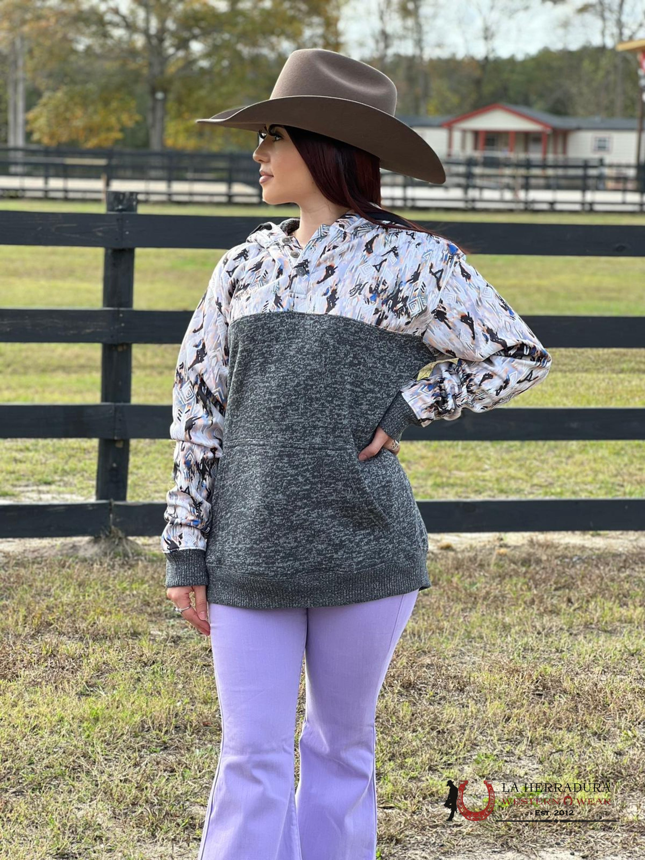 Hooey Womens Hoodie Morocco Grey W/ White Aztec Shoulder Design Ropa Mujeres