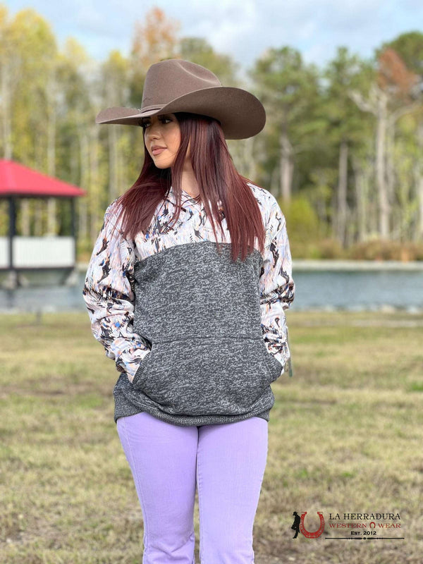 Hooey Sudadera con capucha para mujer Marruecos gris con diseño de hombro azteca blanco