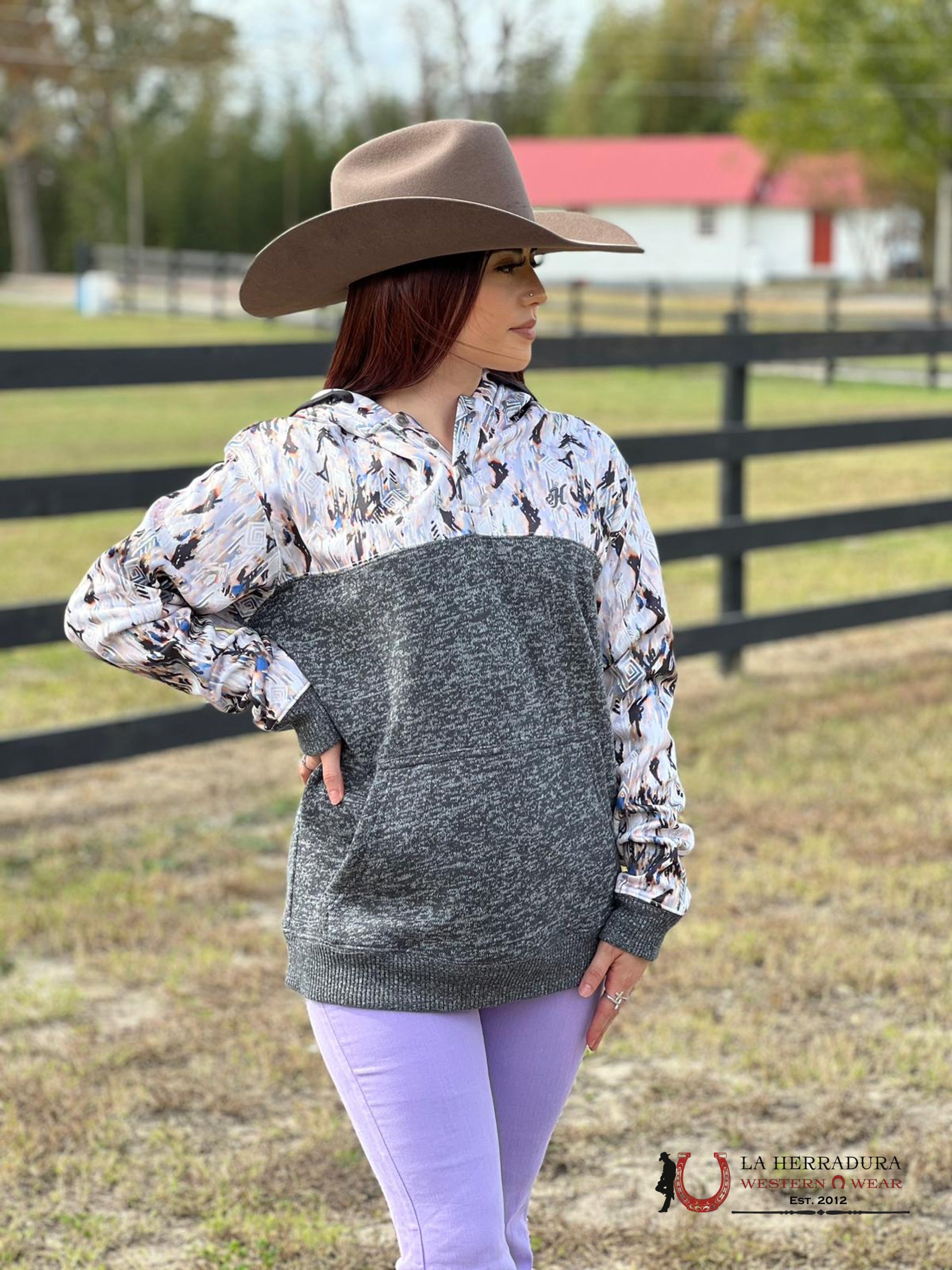 Hooey Womens Hoodie Morocco Grey W/ White Aztec Shoulder Design Ropa Mujeres