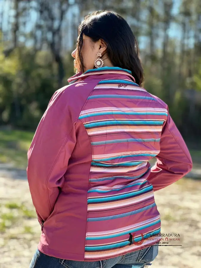 Hooey Womens Pink Softshell W/ Multi Colored Stripes Full Zip Up Ropa Mujeres