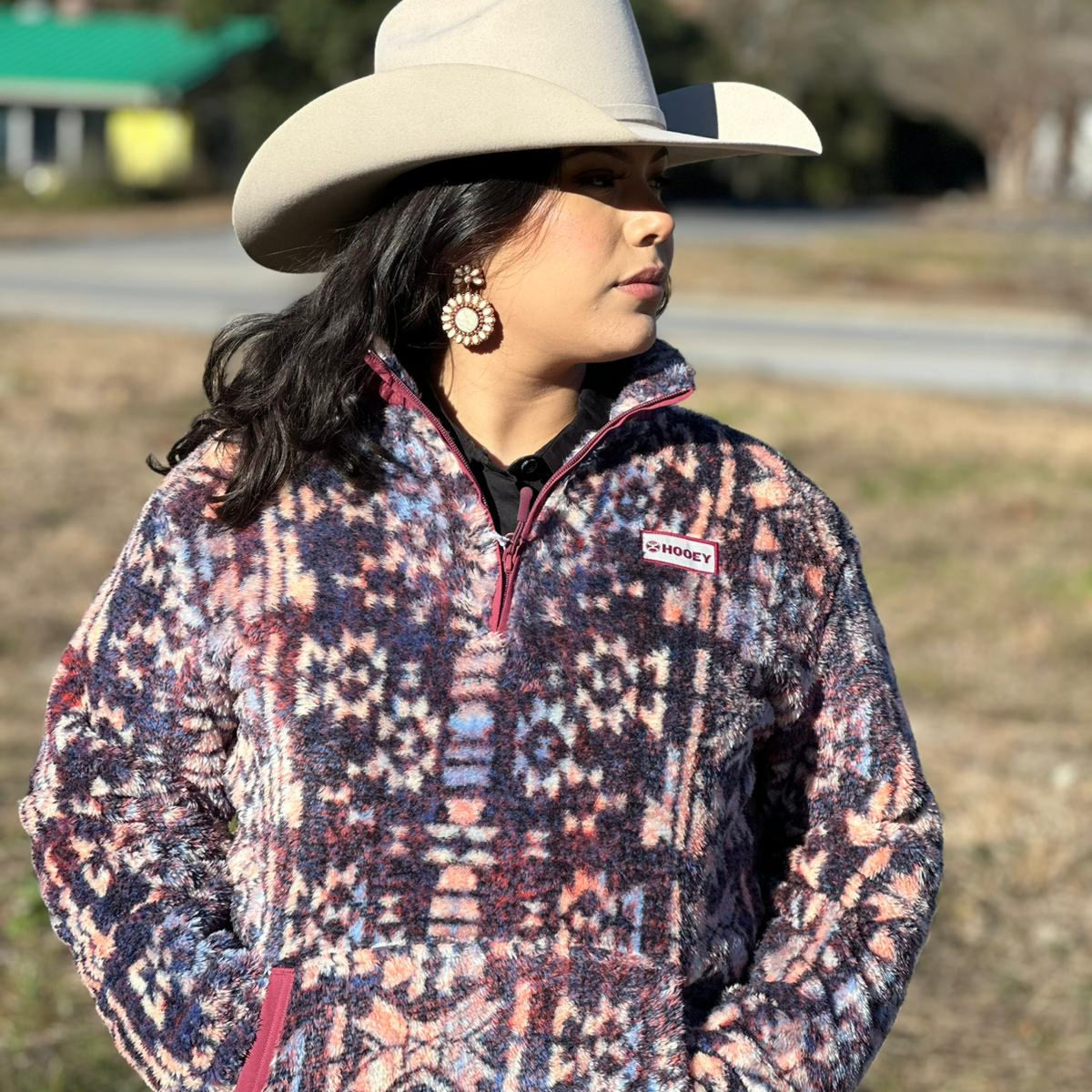 Hooey Womens Purple Pink Aztec Pattern Sherpa Pullover Half