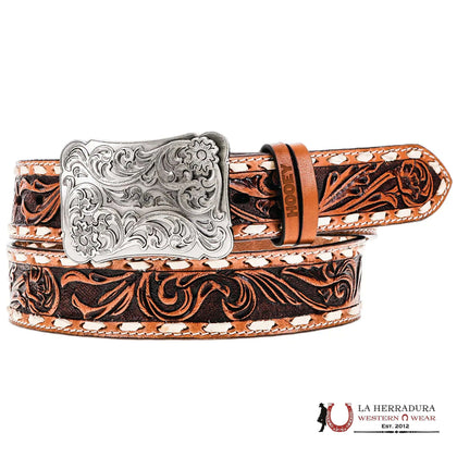 Cinturón de cuero estampado floral en tonos marrones y marfil Sonoma de HOOEY para mujer HWBLT028