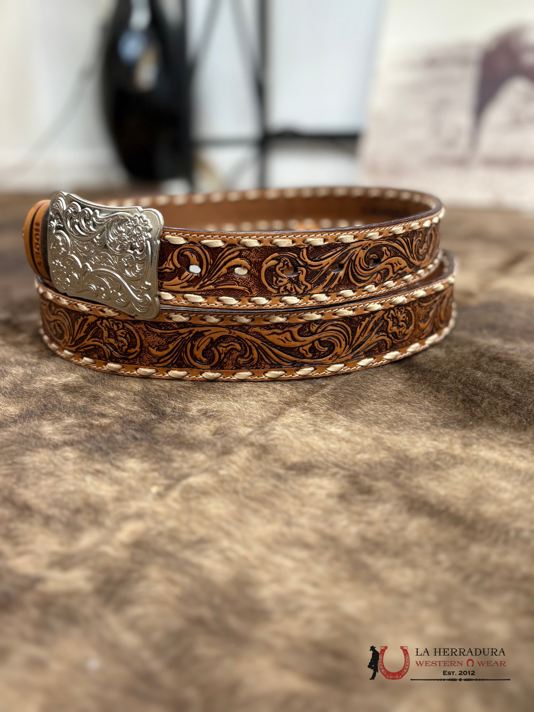 HOOEY WOMENS SONOMA’ BROWN/IVORY FLORAL HAND TOOLED BELT CINTURONES MUJERES