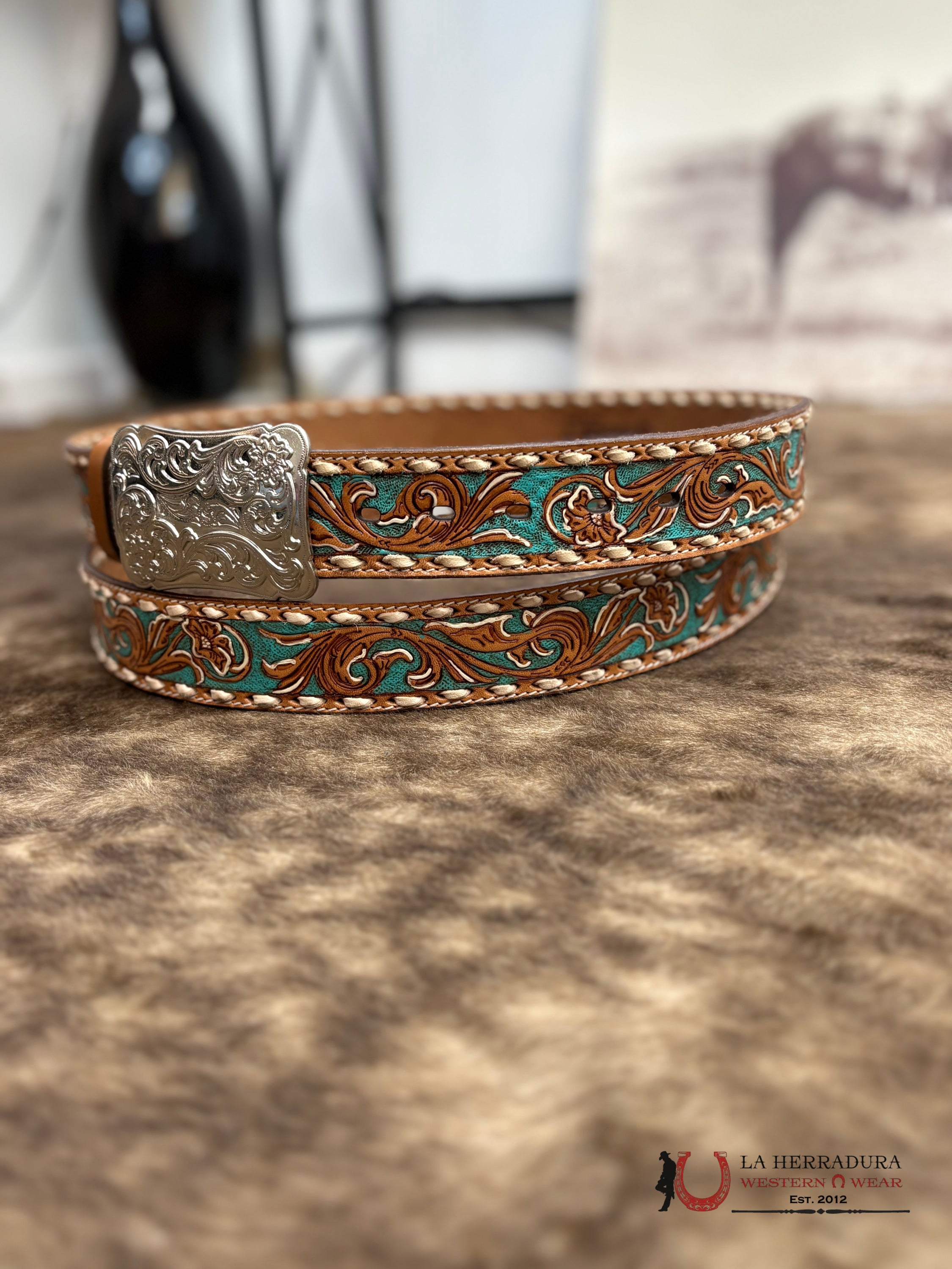 HOOEY WOMENS SONOMA’ BROWN/IVORY W/TURQUOISE FLORAL HAND TOOLED BELT CINTURONES MUJERES