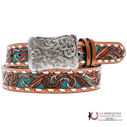 Cinturón Hooey para mujer, modelo Sonoma, marrón/marfil con detalles florales turquesa grabados a mano - HWBLT027