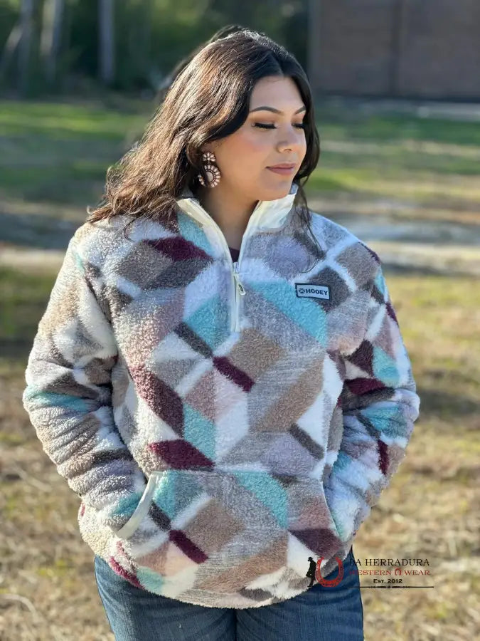 Hooey Womens White Geometric Multi Color Pattern Sherpa Pullover Half Zip Ropa Mujeres