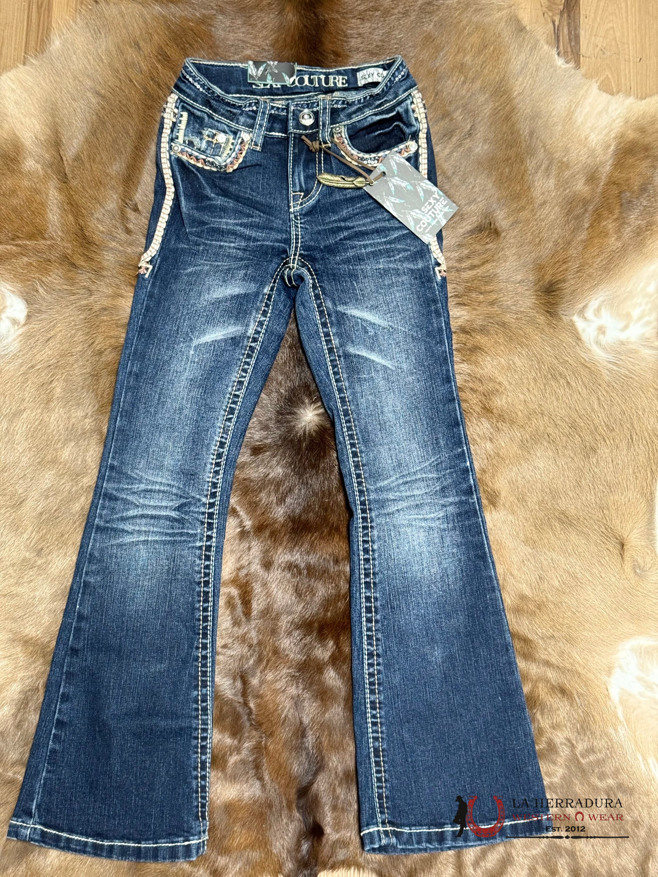 JEANS GIRLS SEXI COUTURE BOOTCUT FIT DARK DENIM WITH WHITE AND PINK STONES S1494-PB-K NIÑOS