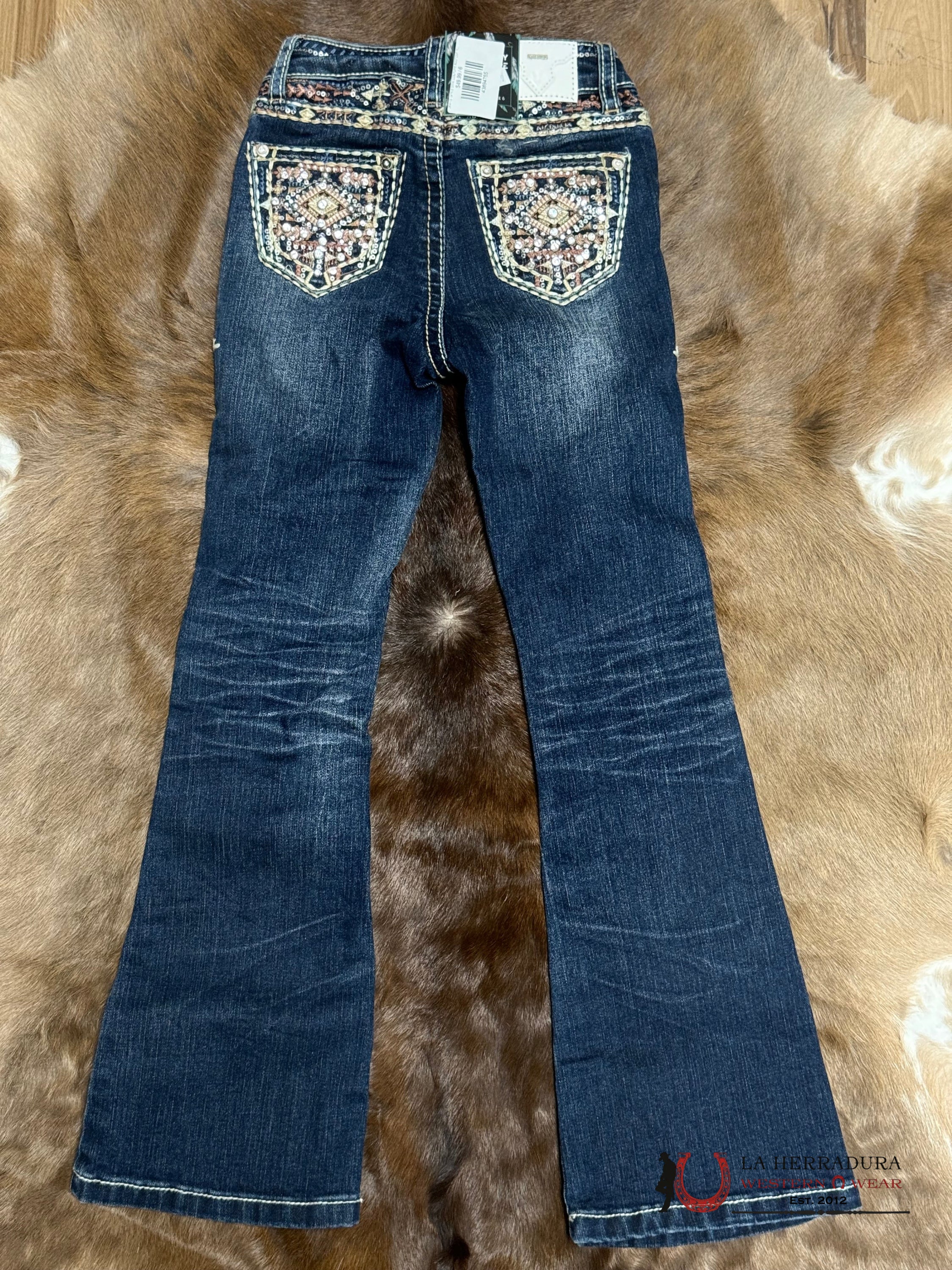 JEANS GIRLS SEXI COUTURE BOOTCUT FIT DARK DENIM WITH WHITE AND PINK STONES S1494-PB-K NIÑOS