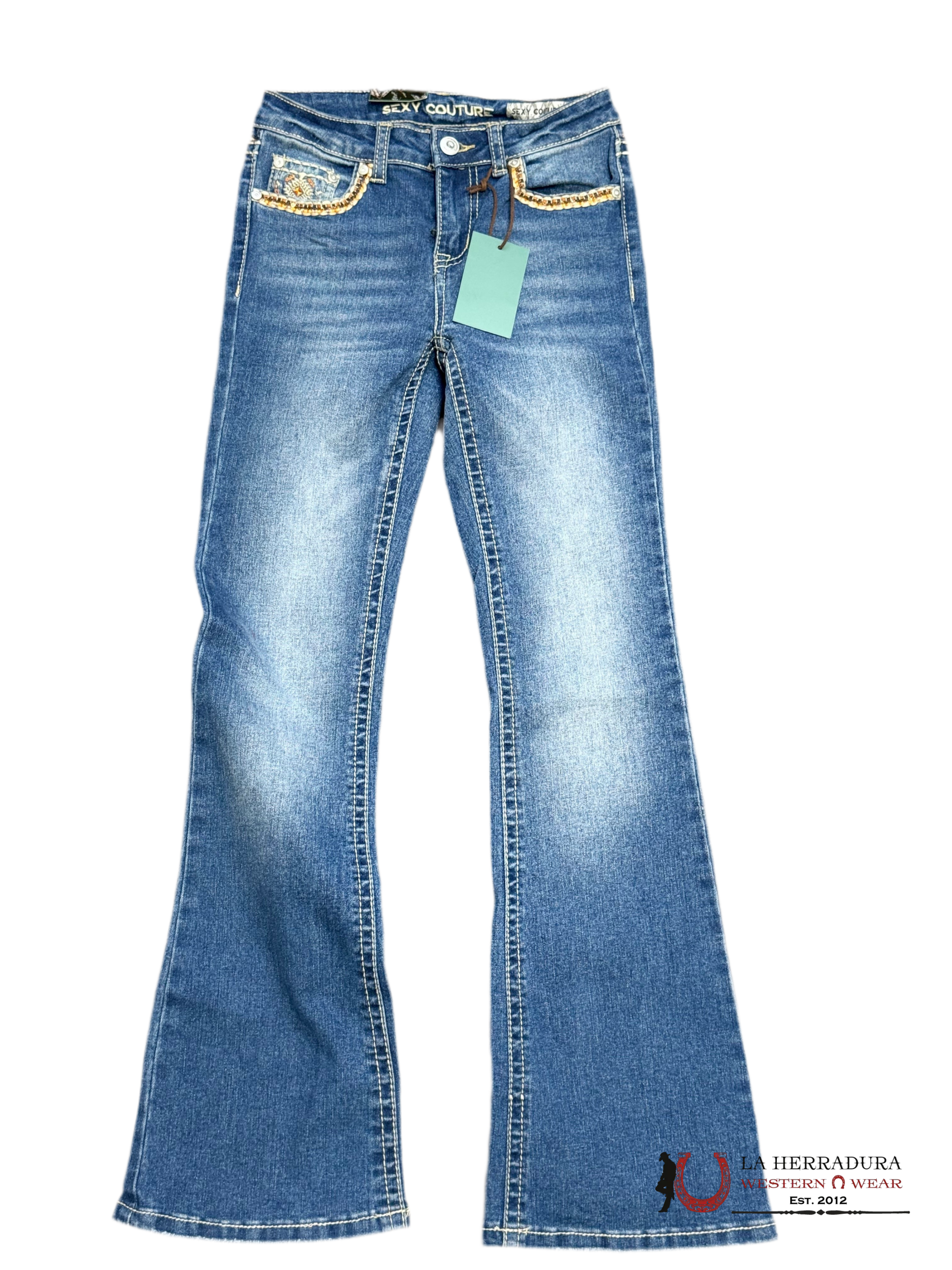 JEANS GIRLS SEXI COUTURE BOOTCUT FIT LIGHT BLUE WASH WITH STONES ON THE BAG AND EMBROIDERY S1320-PB-K NIÑOS