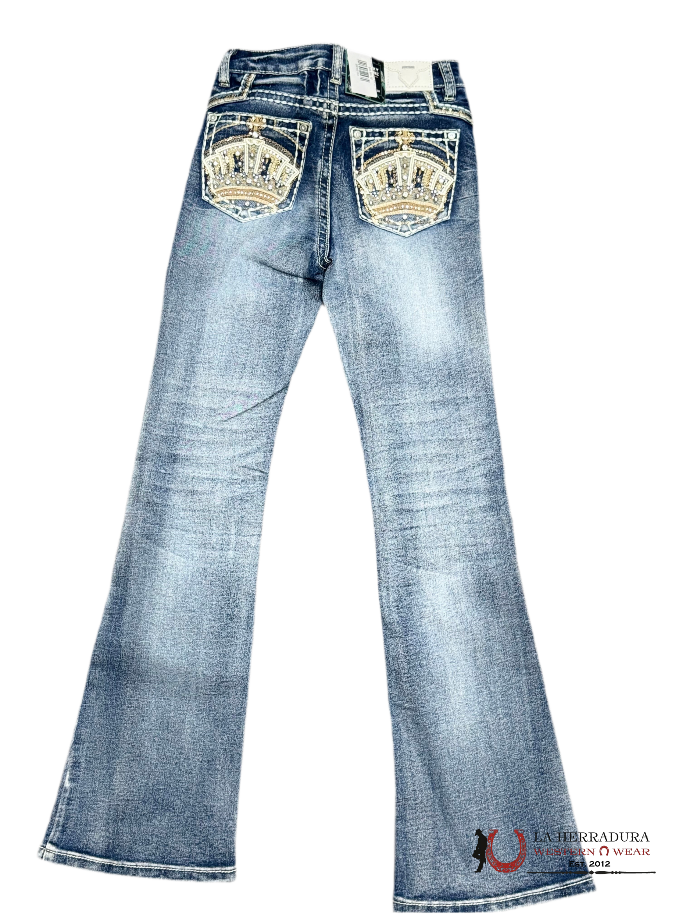 JEANS GIRLS SEXI COUTURE BOOTCUT FIT LIGHT DENIM WITH A CROWN DESIGN ON THE BAG WITH STONES S1396-PB-K NIÑOS