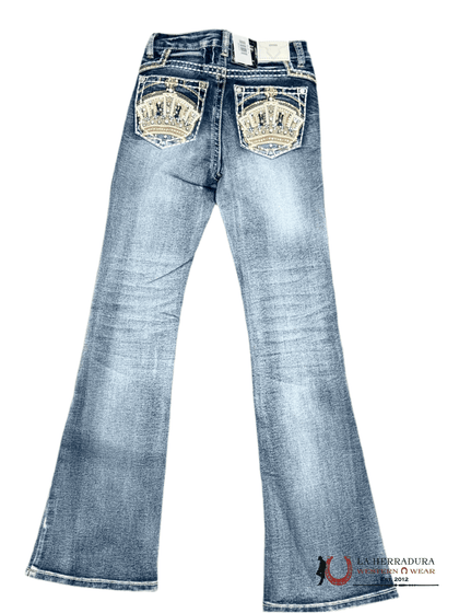 JEANS GIRLS SEXI COUTURE BOOTCUT FIT LIGHT DENIM WITH A CROWN DESIGN ON THE BAG WITH STONES S1396-PB-K