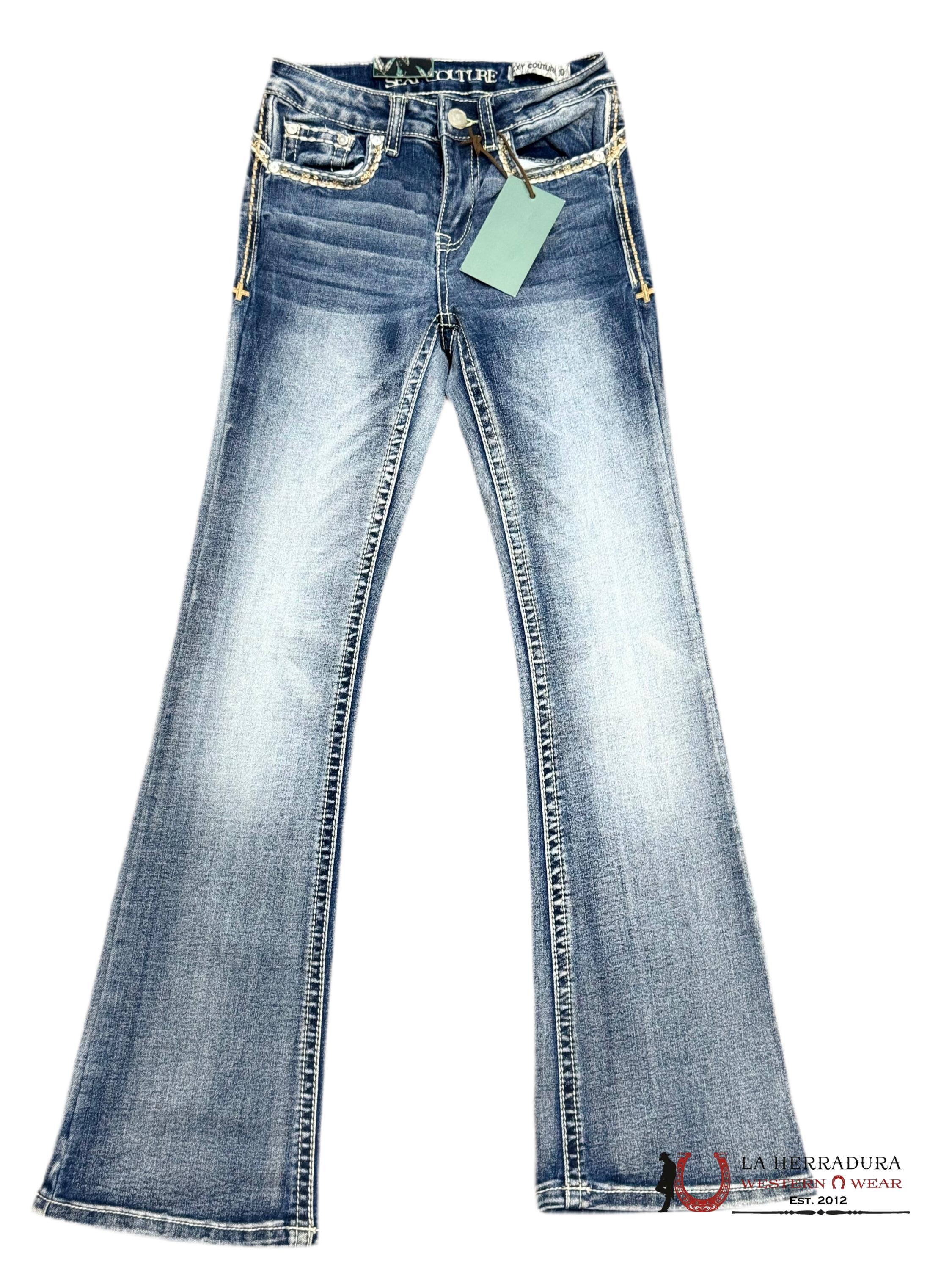 JEANS GIRLS SEXI COUTURE BOOTCUT FIT LIGHT DENIM WITH A CROWN DESIGN ON THE BAG WITH STONES S1396-PB-K NIÑOS