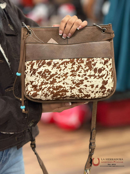 JUSTIN CROSS BODY HAND BAG WHITE & BROWN COWHIDE TURQUOISE BEADED