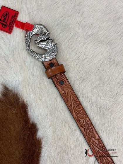 CINTURÓN DE NIÑA JUSTIN COGNAC CON HEBILLA DE CABALLO Y CORAZÓN REPUJADA A MANO - C30244