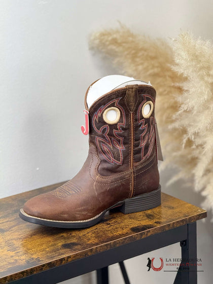 JUSTIN KIDS BOOTS DARK BROWN W COLORED STITCH INLAY JK7523