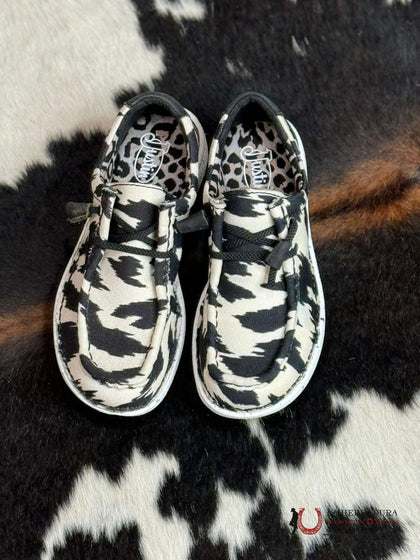 JUSTIN LEATHER AND FABRIC UPPER BALANCE COW PRINT