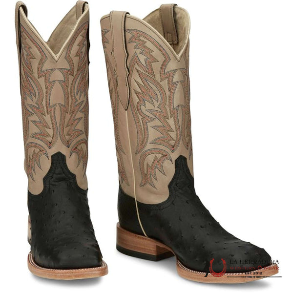 JUSTIN BOTAS VAQUERAS DE HOMBRE DOC BAR NEGRAS CON PLUMAS DE AVESTRUZ ESTILO AQ8042
