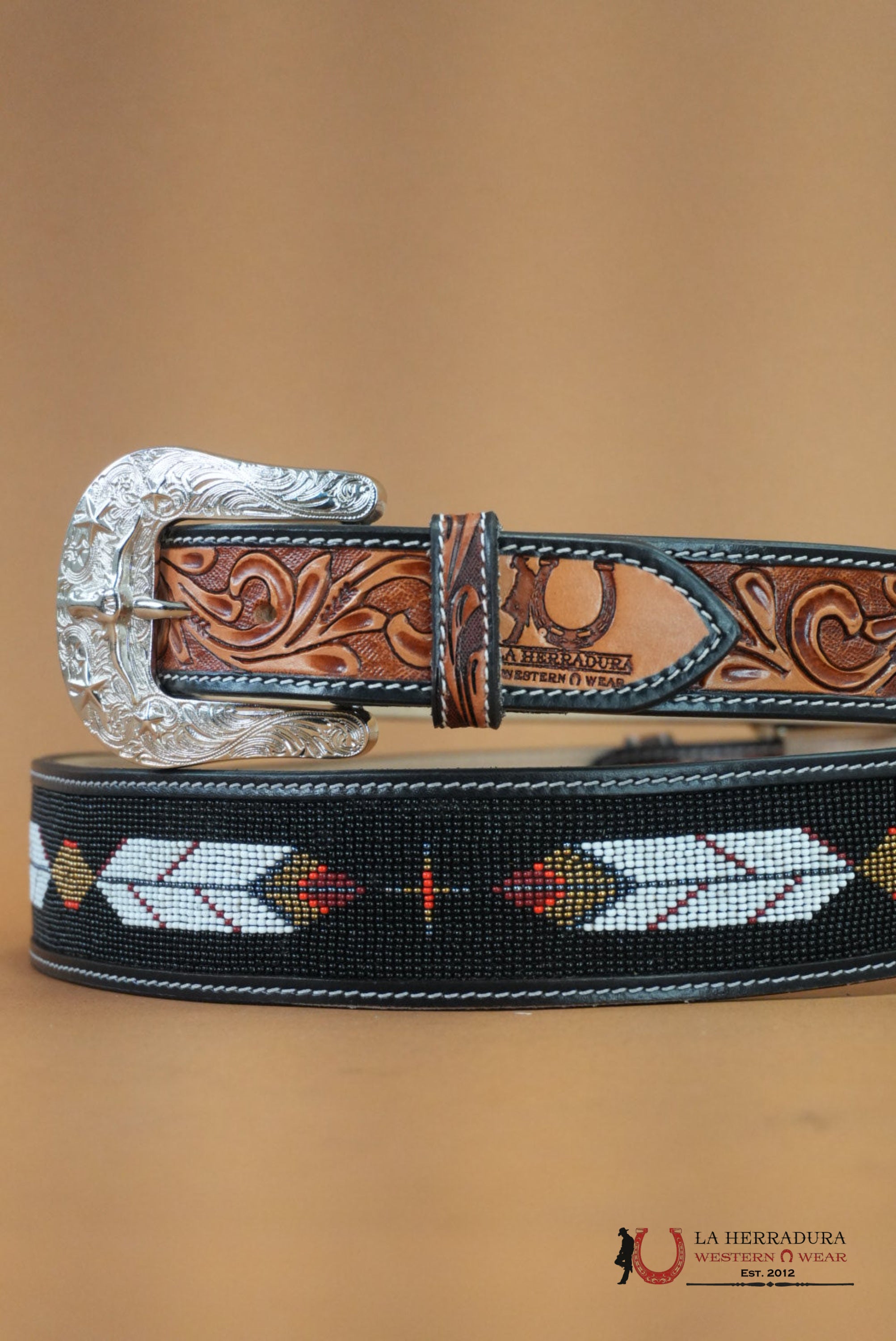 LA HERRADURA AZTEC BLACK GOLD HANDTOOLED NEW DESIGN BELT CINTURONES HOMBRES