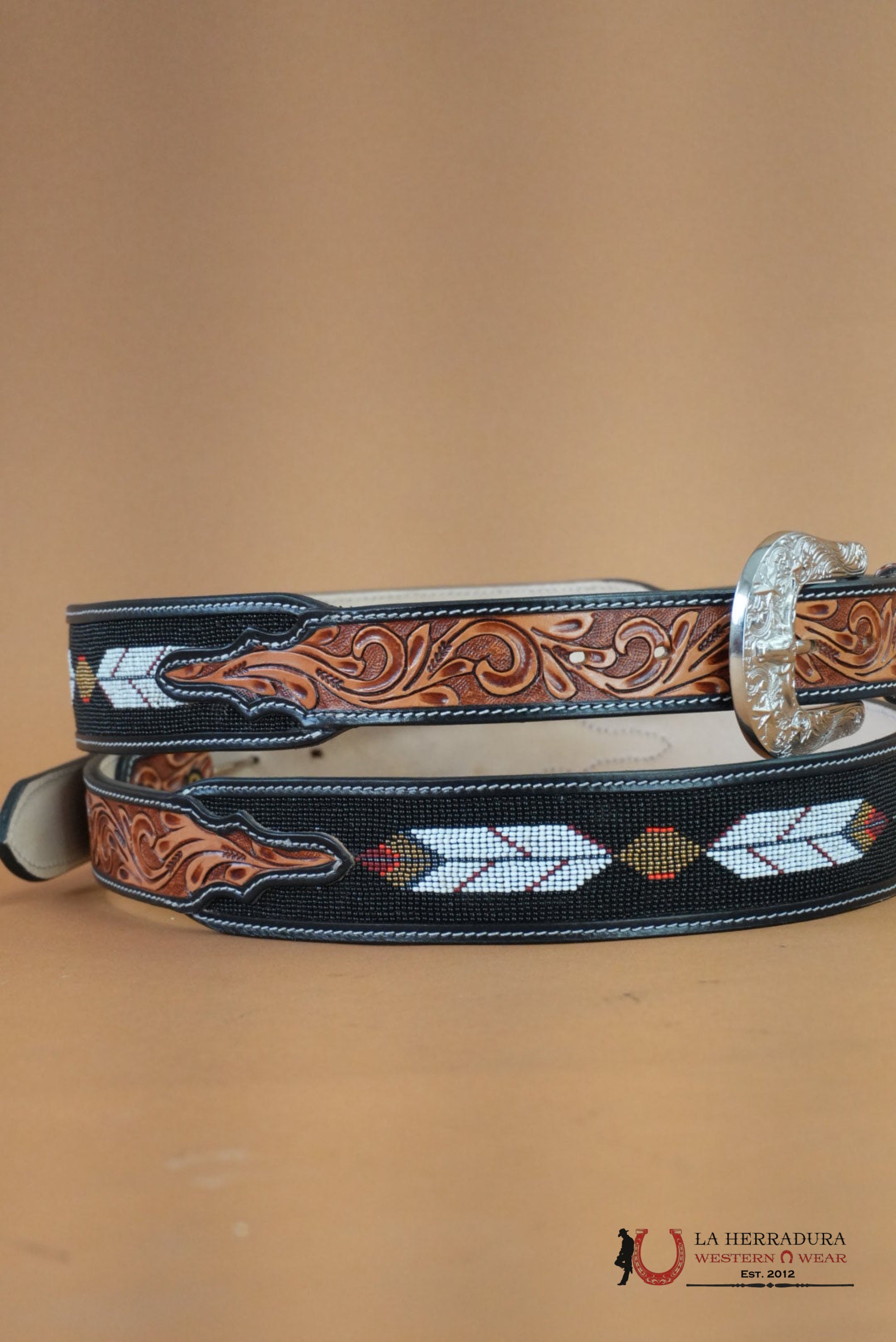 LA HERRADURA AZTEC BLACK GOLD HANDTOOLED NEW DESIGN BELT CINTURONES HOMBRES