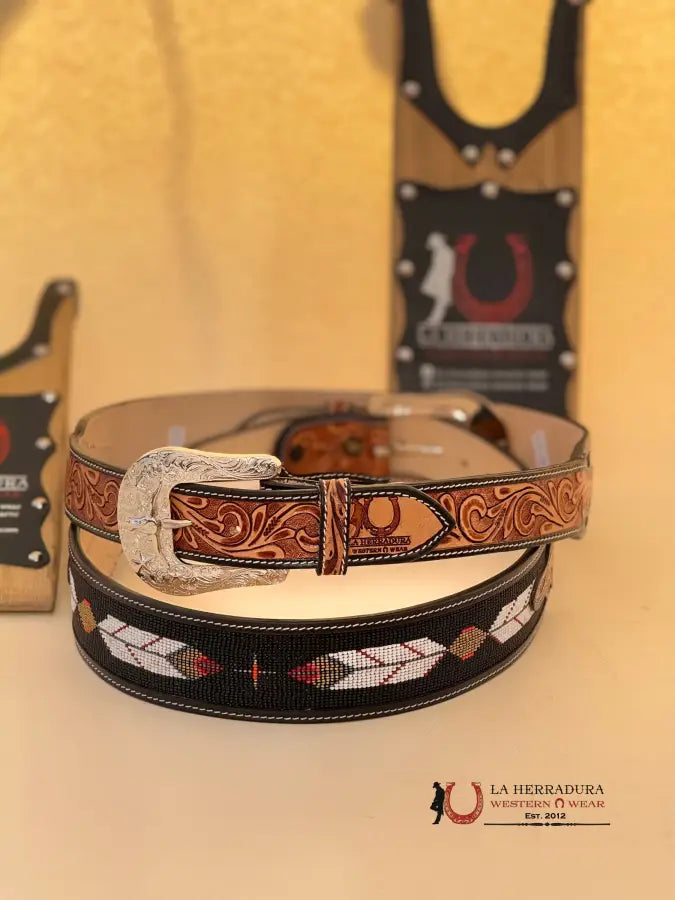 La Herradura Aztec Black Gold Handtooled New Design Belt Cinturones Hombres