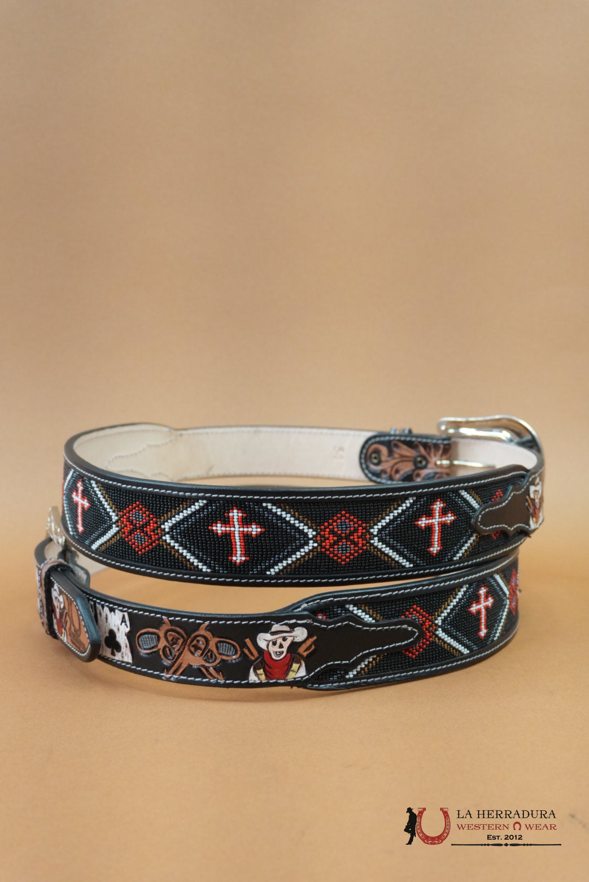 LA HERRADURA AZTEC BLACK RED CROSS HANDTOOLED NEW DESIGN BELT CINTURONES HOMBRES
