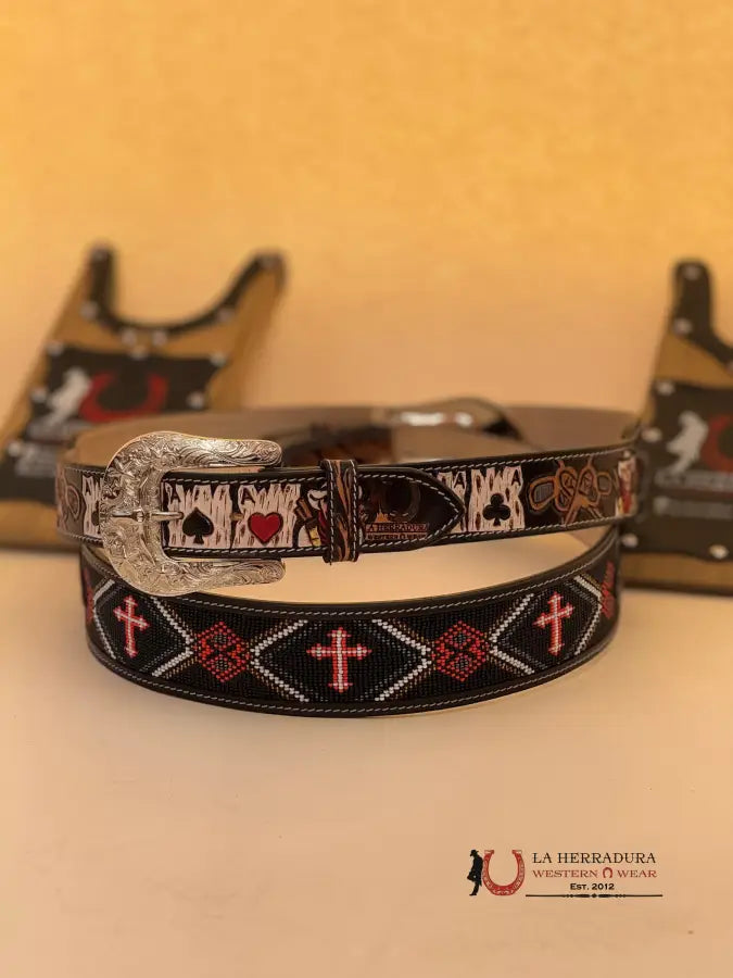 La Herradura Aztec Black Red Cross Handtooled New Design Belt Cinturones Hombres