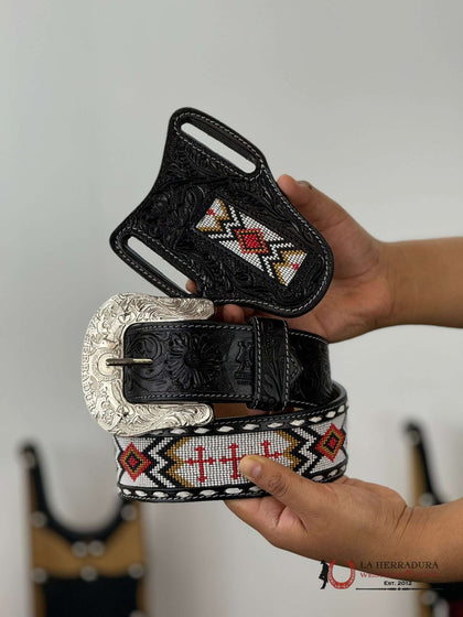 LA HERRADURA AZTEC BLACK YELLOW HANDTOOLED 2 INCH BELT