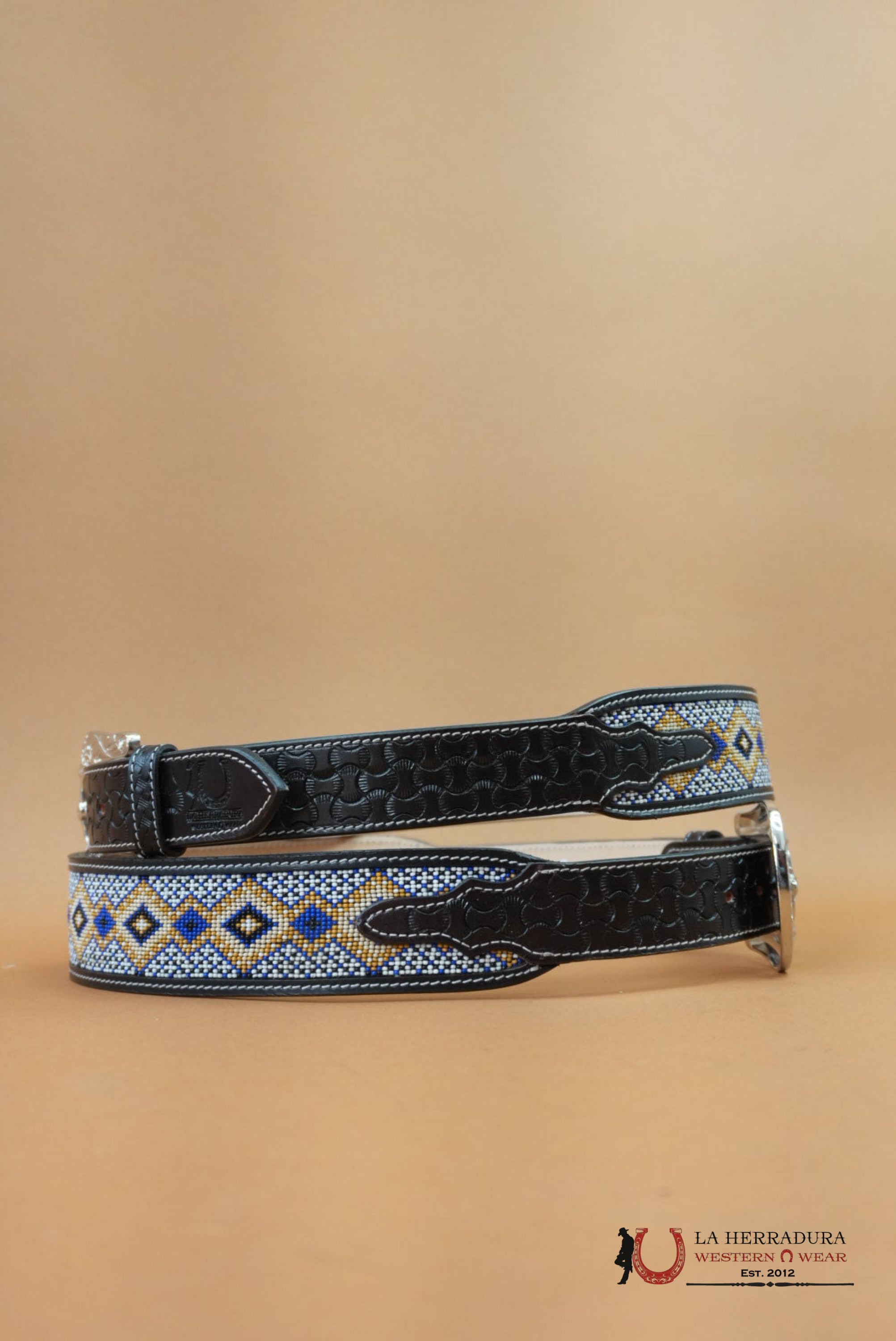 LA HERRADURA AZTEC BLUE GOLD HANDTOOLED NEW DESIGN BELT CINTURONES HOMBRES