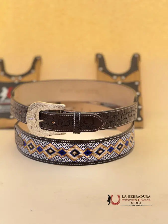 La Herradura Aztec Blue Gold Handtooled New Design Belt Cinturones Hombres