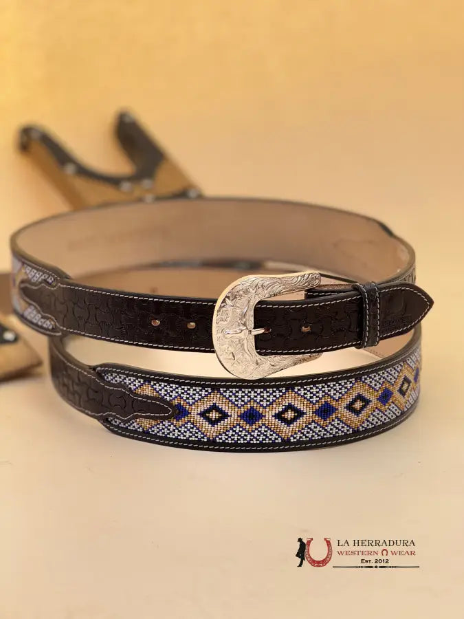 La Herradura Aztec Blue Gold Handtooled New Design Belt Cinturones Hombres