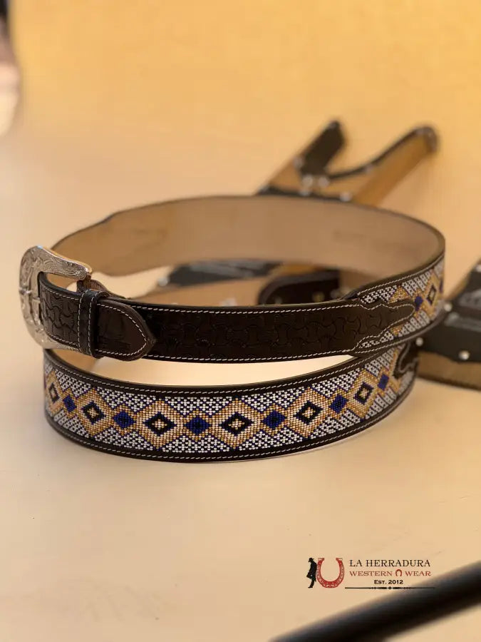 La Herradura Aztec Blue Gold Handtooled New Design Belt Cinturones Hombres