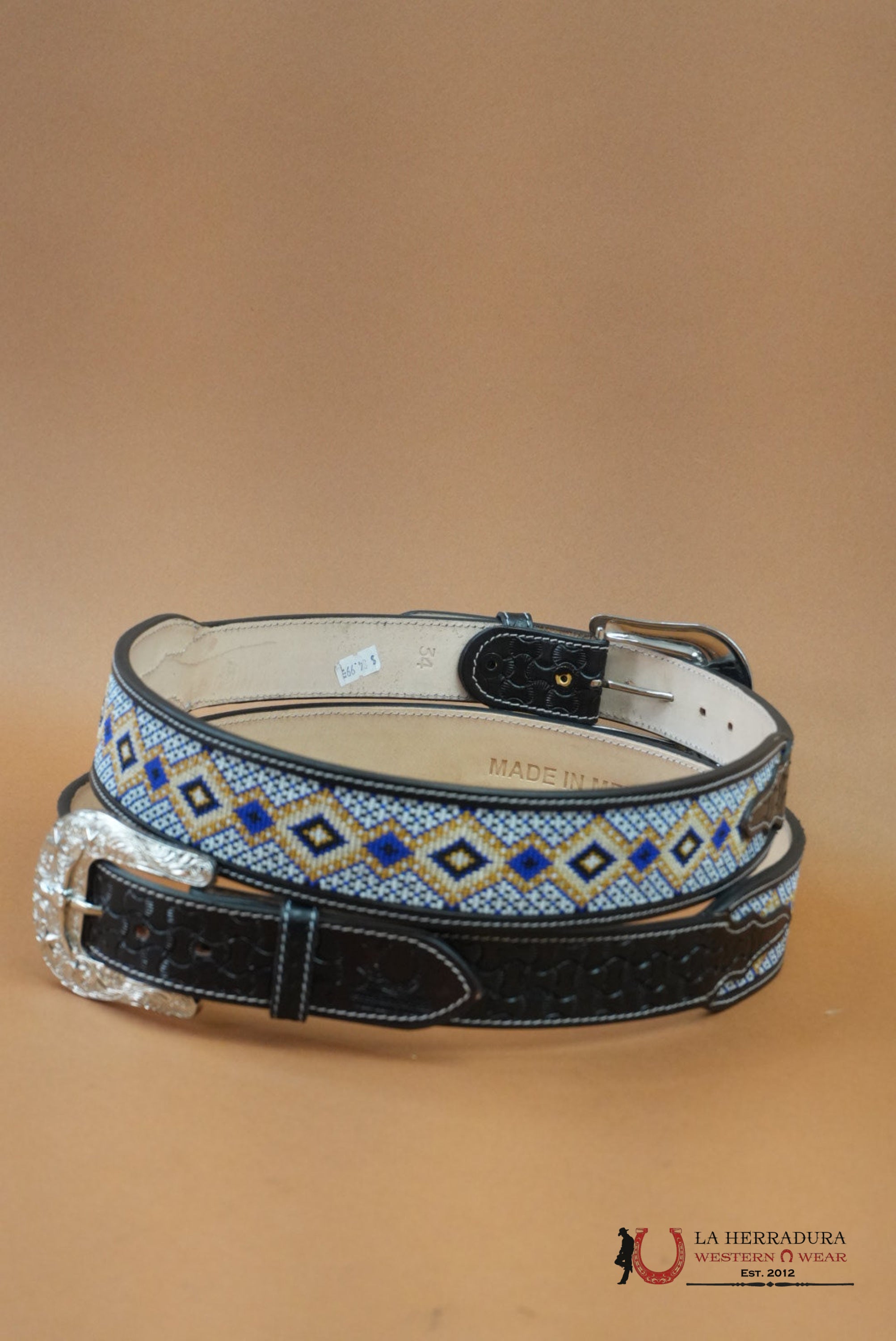 LA HERRADURA AZTEC BLUE GOLD HANDTOOLED NEW DESIGN BELT CINTURONES HOMBRES