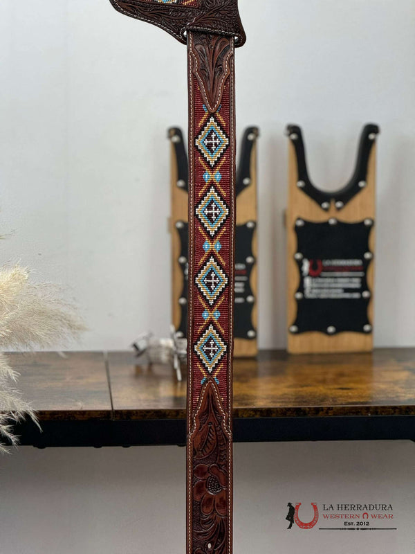 LA HERRADURA AZTEC BROWN AND BURGANDY HANDTOOLED 2 INCH BELT