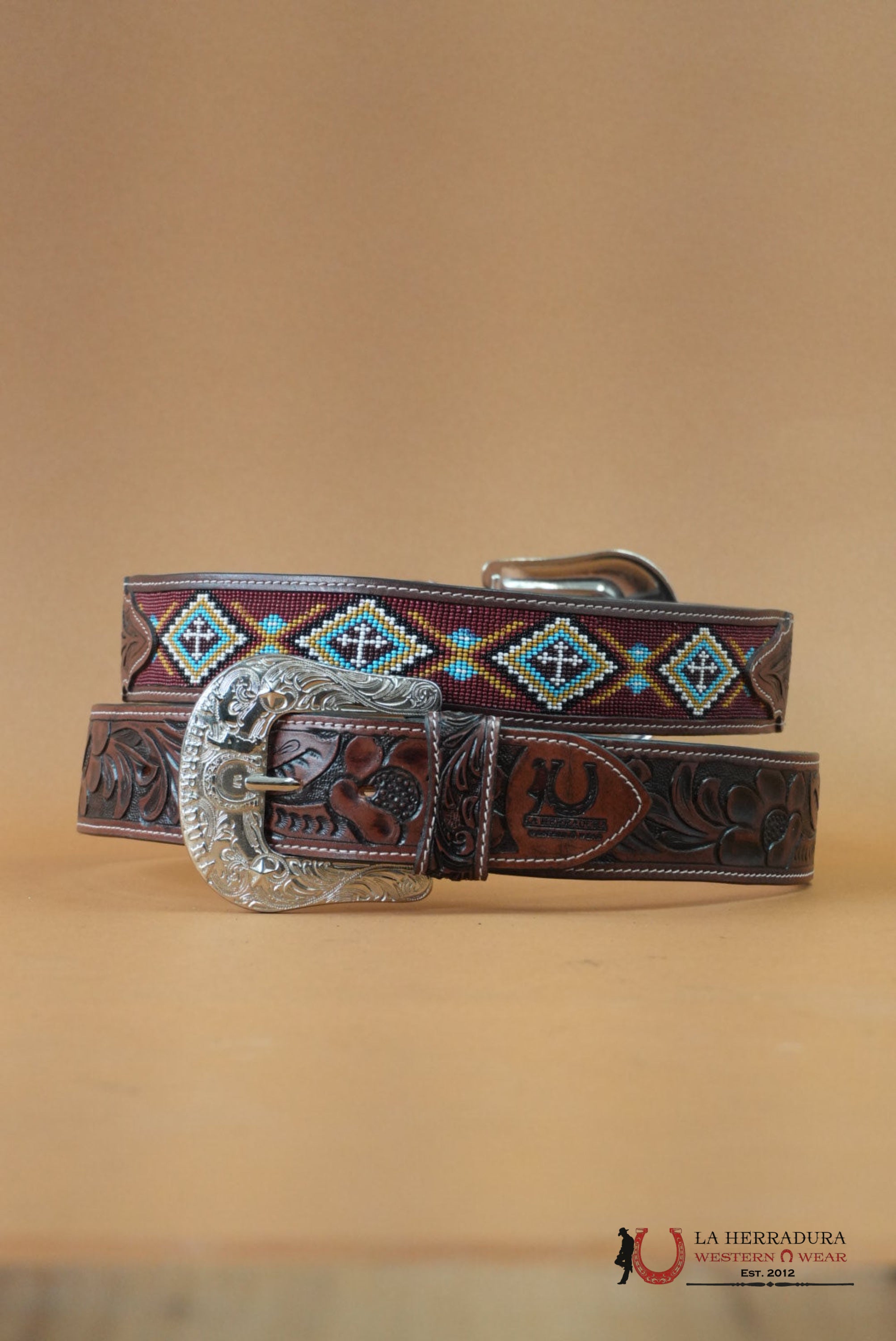 LA HERRADURA AZTEC BROWN HANDTOOLED 2 INCH BELT CINTURONES HOMBRES