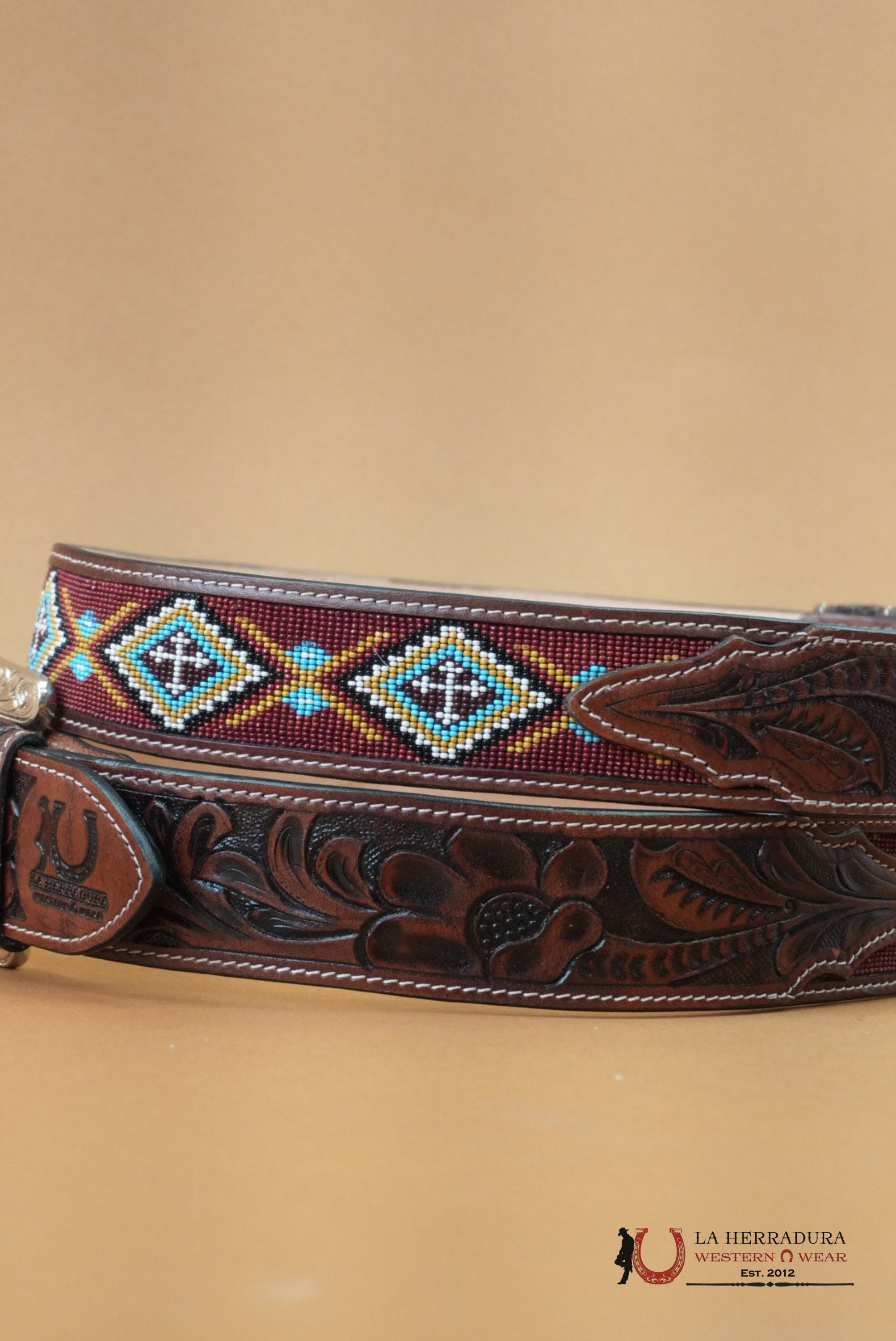 LA HERRADURA AZTEC BROWN HANDTOOLED 2 INCH BELT CINTURONES HOMBRES