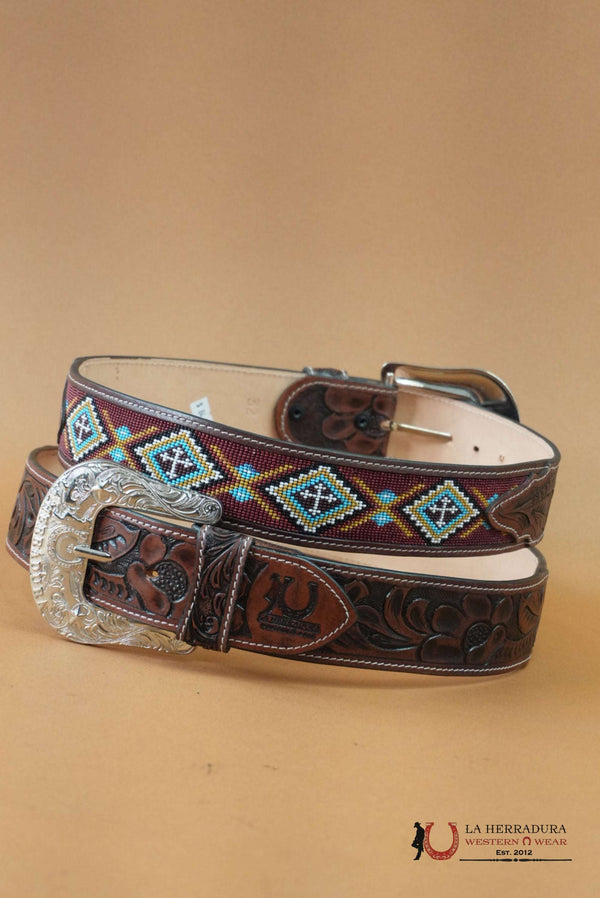 LA HERRADURA AZTEC BROWN AND BURGANDY HANDTOOLED 2 INCH BELT