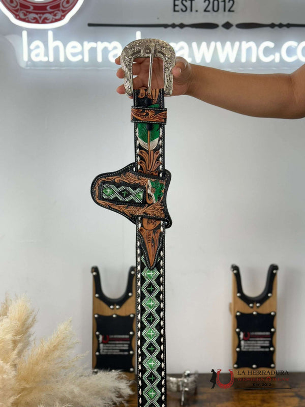 LA HERRADURA AZTEC GREEN HANDTOOLED 2 INCH BELT