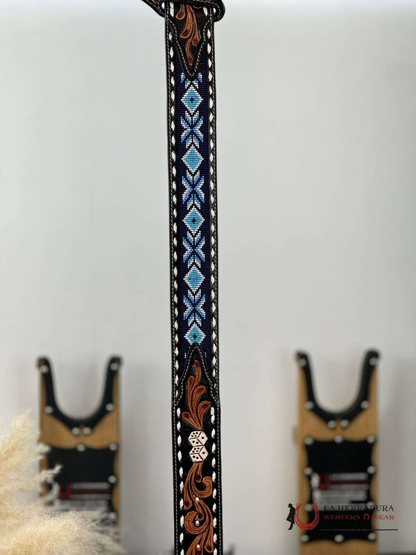 LA HERRADURA AZTEC LIGHT AND DARK BLUE HANDTOOLED 2 INCH BELT