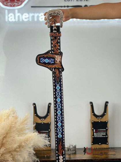 CINTURÓN LA HERRADURA AZTECA DE 2 PULGADAS, HECHO A MANO, AZUL CLARO Y OSCURO
