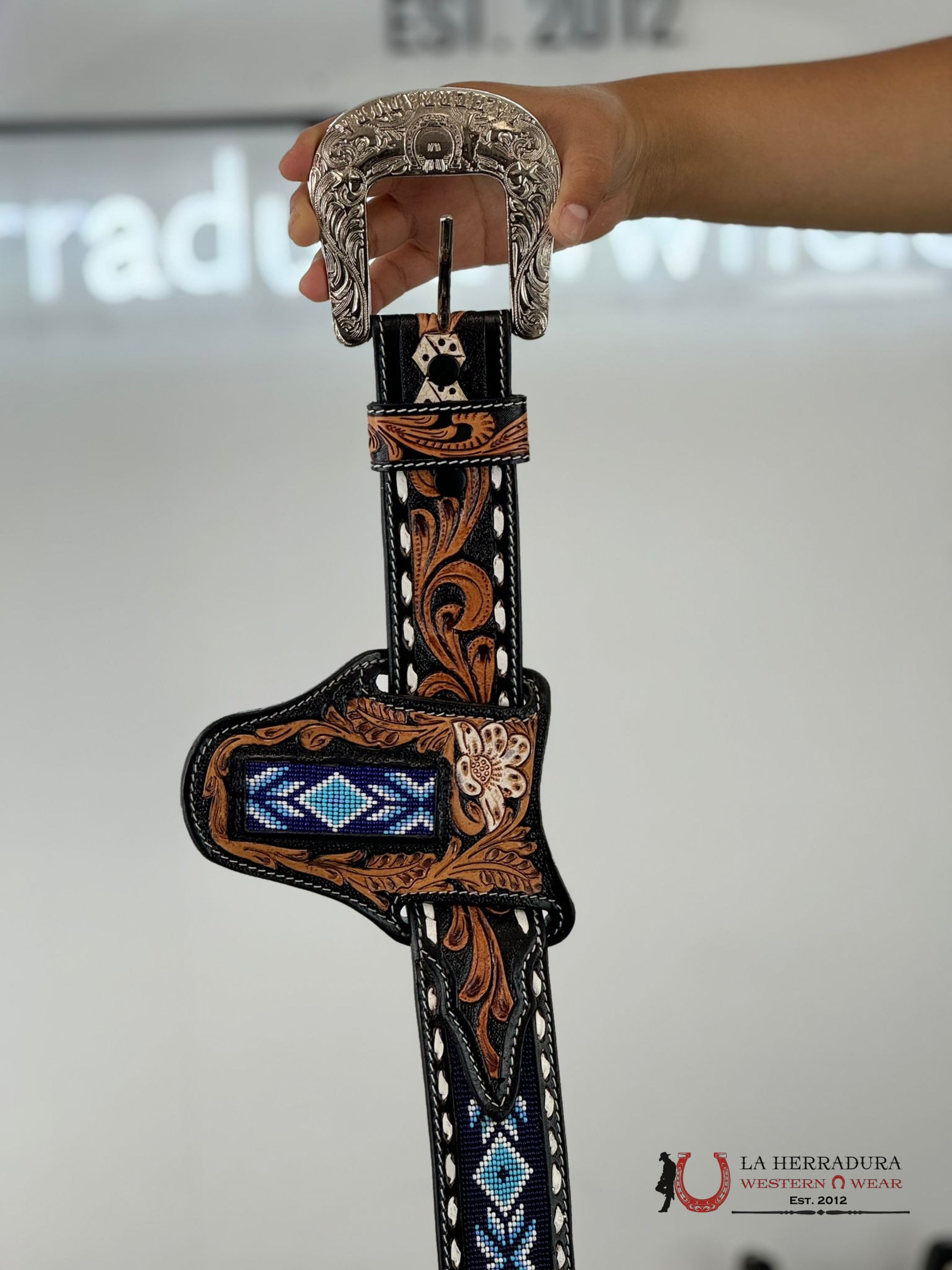 La Herradura Aztec Blue Handtooled 2 Inch Belt 32 Belt/Knife Sheath Cinturones Hombres