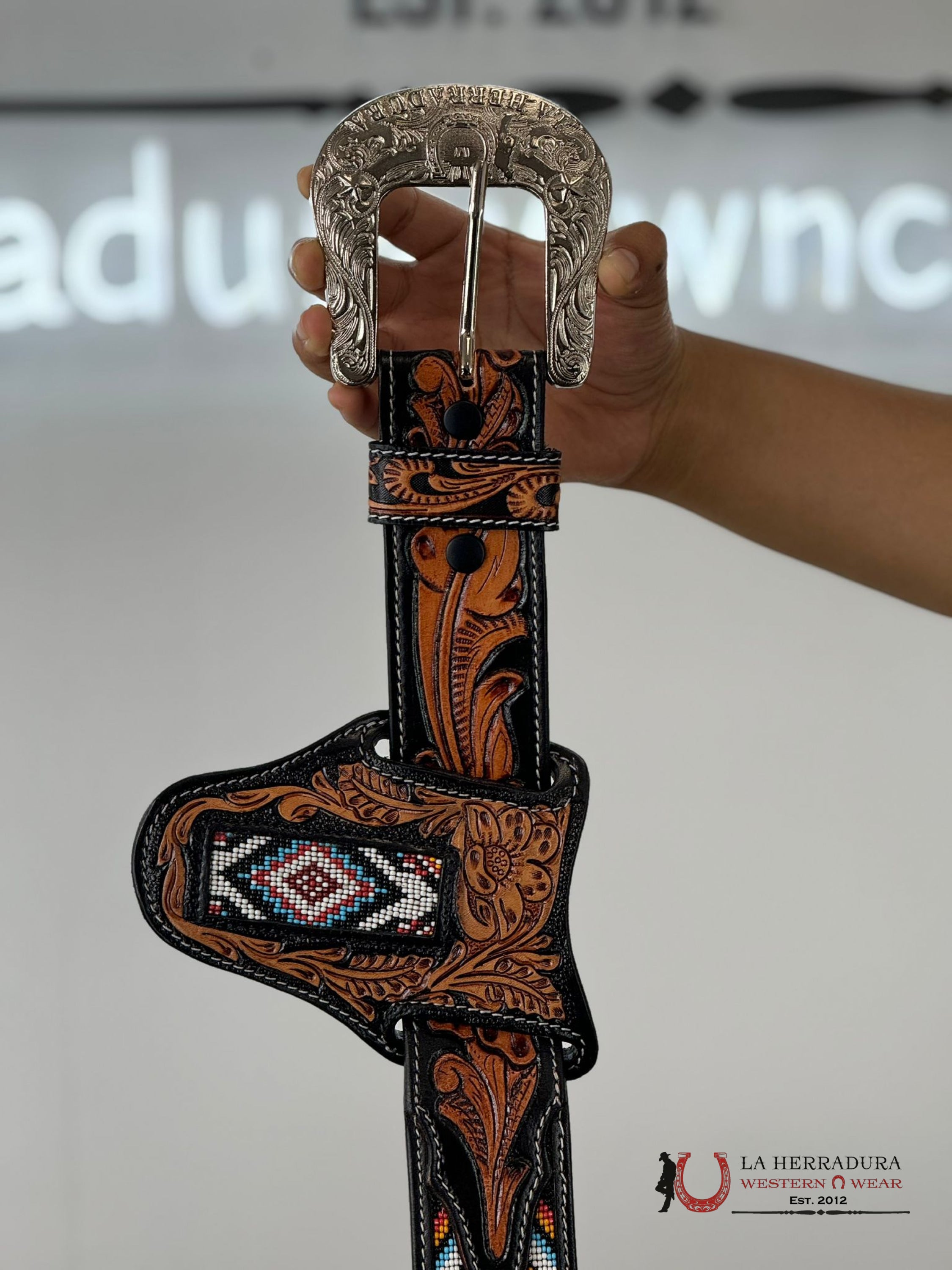 La Herradura Aztec Multi Handtooled 2 Inch Belt 38 Belt/Knife Sheath Cinturones Hombres