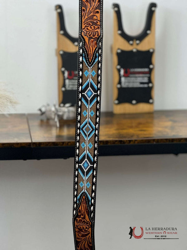 LA HERRADURA CHOCOLATE AZTEC NAVY SKY BLUE HANDTOOLED 2 INCH BELT