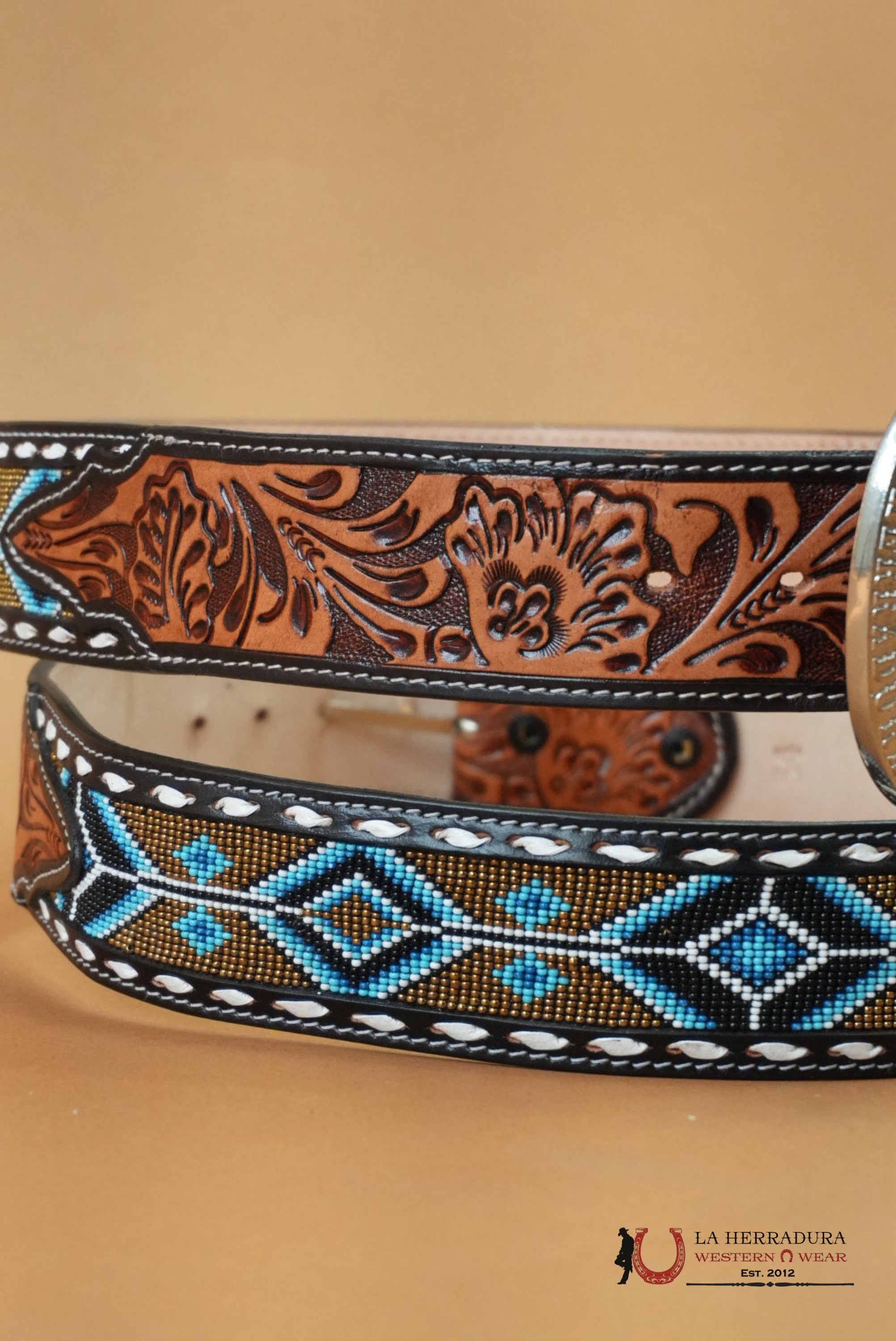 LA HERRADURA AZTEC NAVY SKY BLUE HANDTOOLED 2 INCH BELT CINTURONES HOMBRES