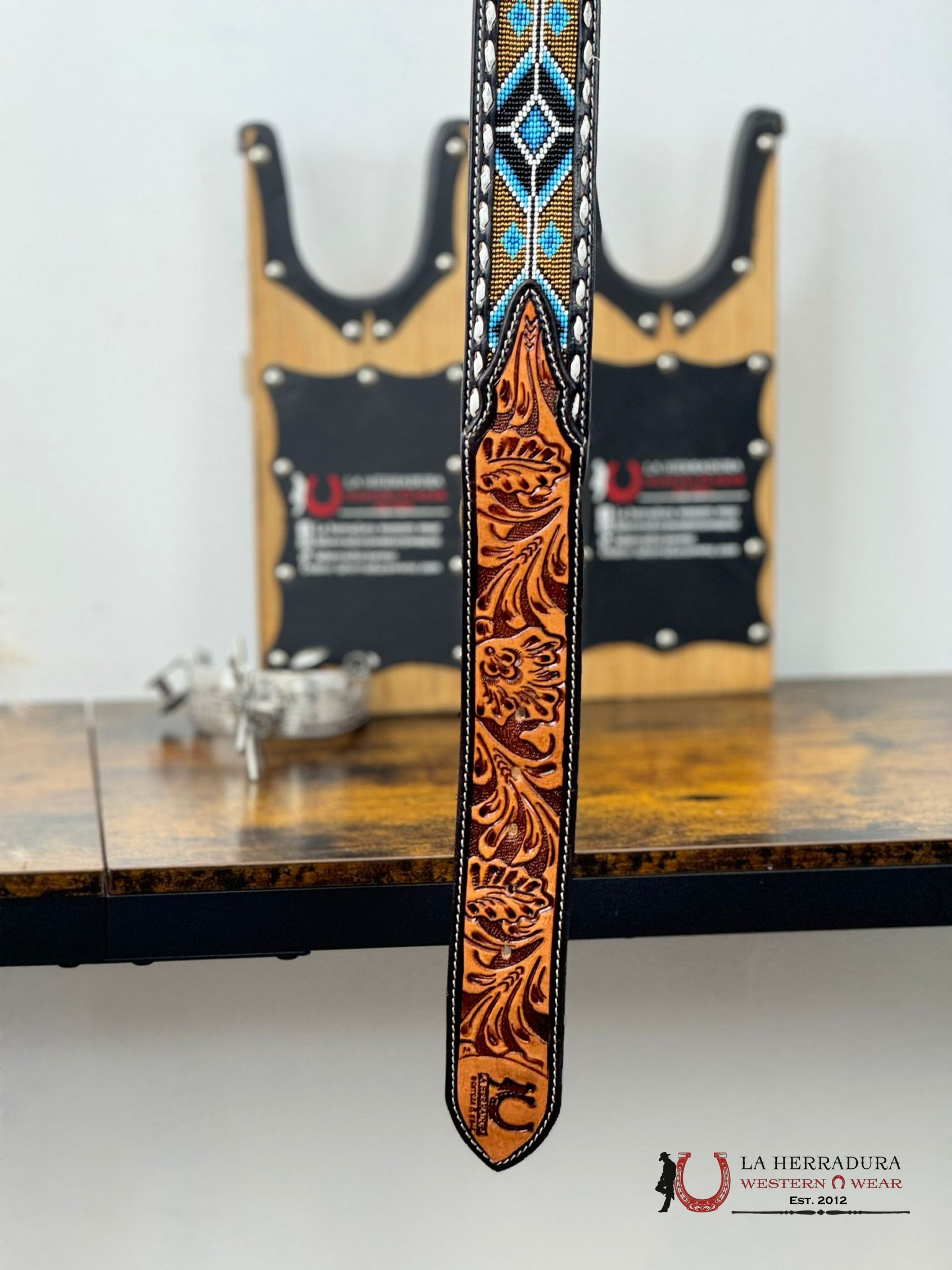 La Herradura Aztec Navy Sky Blue Handtooled 2 Inch Belt Cinturones Hombres