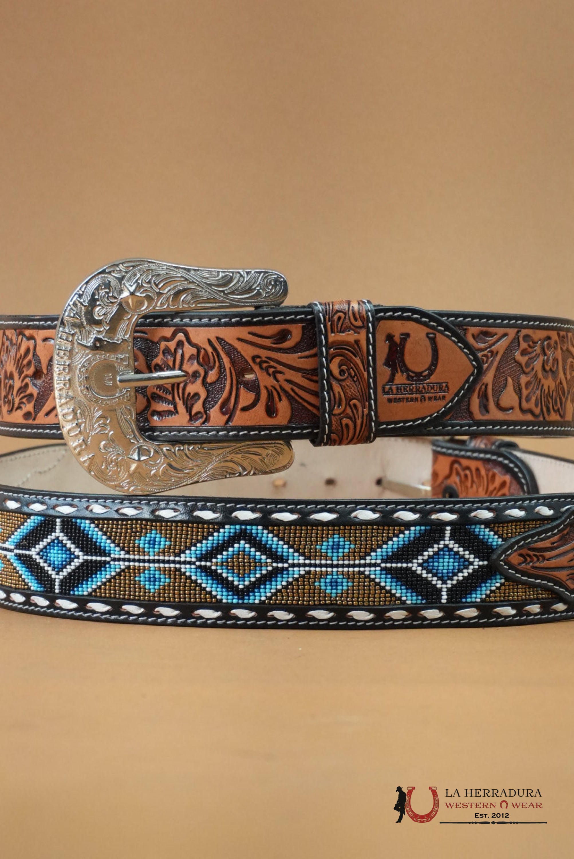 LA HERRADURA AZTEC NAVY SKY BLUE HANDTOOLED 2 INCH BELT CINTURONES HOMBRES
