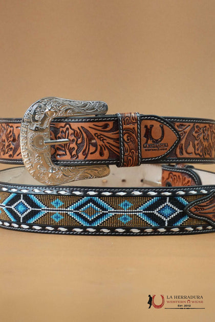 Cinturón LA HERRADURA CHOCOLATE AZTECA AZUL MARINO CIELO HECHO A MANO DE 2 PULGADAS