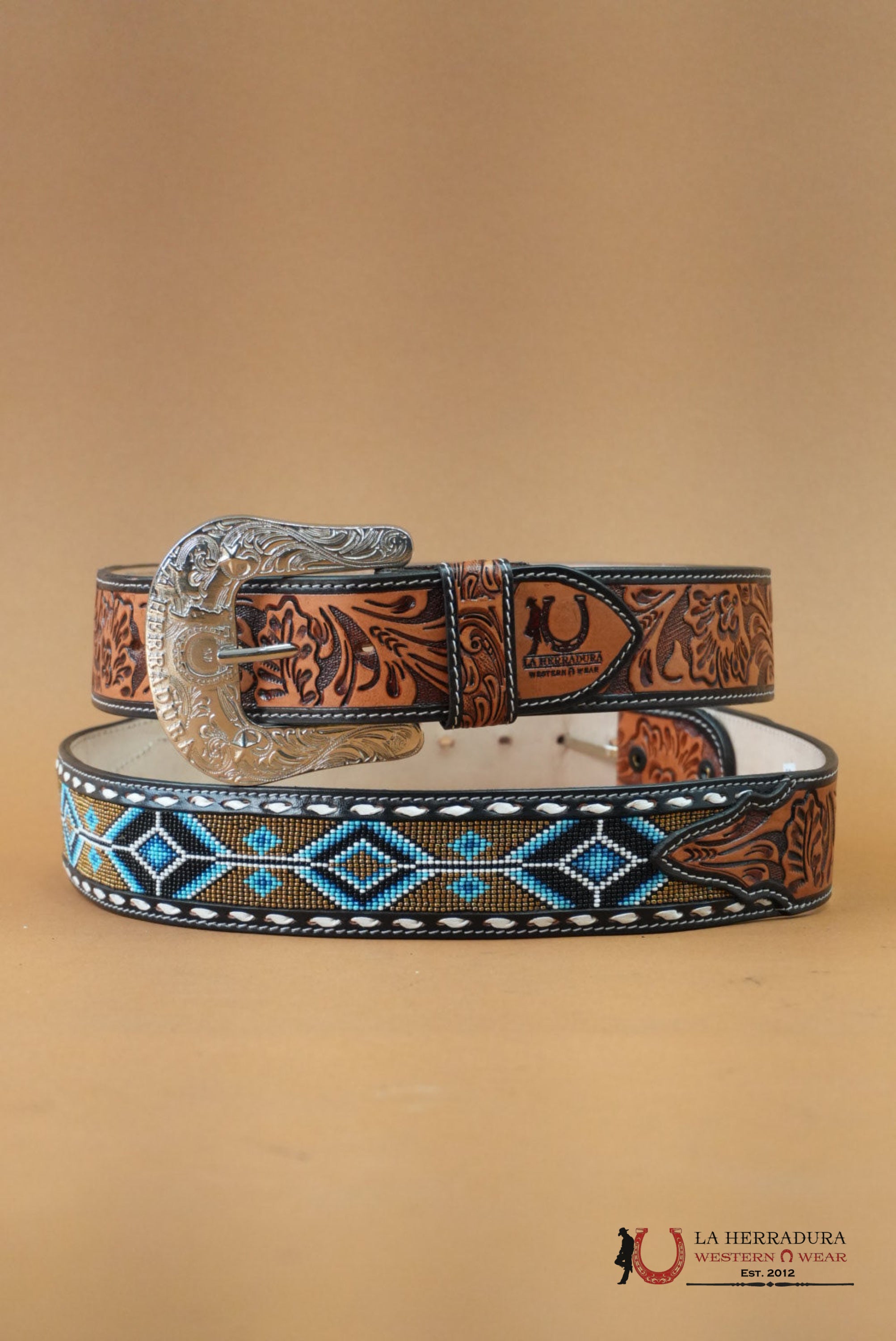 LA HERRADURA AZTEC NAVY SKY BLUE HANDTOOLED 2 INCH BELT CINTURONES HOMBRES