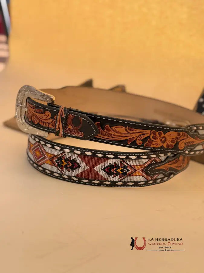 La Herradura Aztec Orange White Handtooled New Design Belt Cinturones Hombres